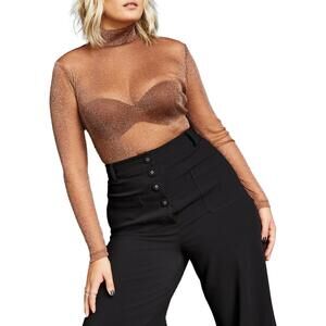 Royalty Maluma Women Sheer Turtleneck Bodysuit XL Brown Sparkle Long Sleeve NWT